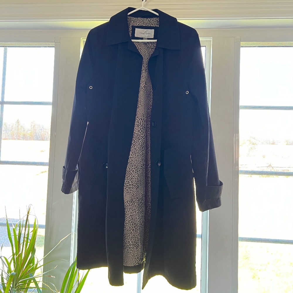 Emma James Liz Claiborne Trenchcoat Peacoat Black Animal Print Women Large EUC